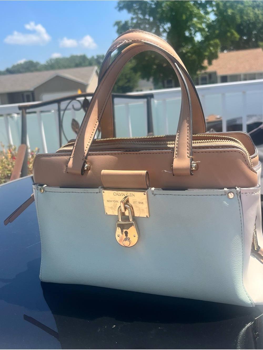 Calvin Klein Pale Green and Tan Leather Satchel with Gold Hardware